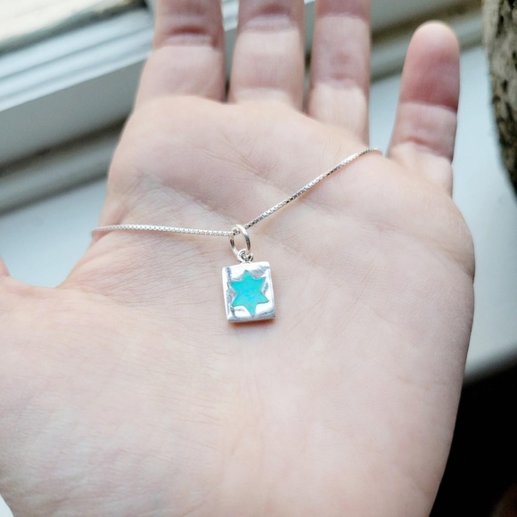 New Solid 925 Sterling Silver Star of David Square Blue Triplet Opal Necklace - Picture 6 of 8